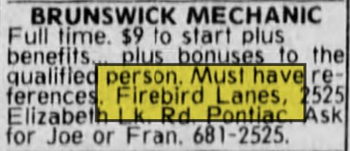 Firebird Lanes (Huron Bowl, JBs Lounge) - Apr 1987 Ad